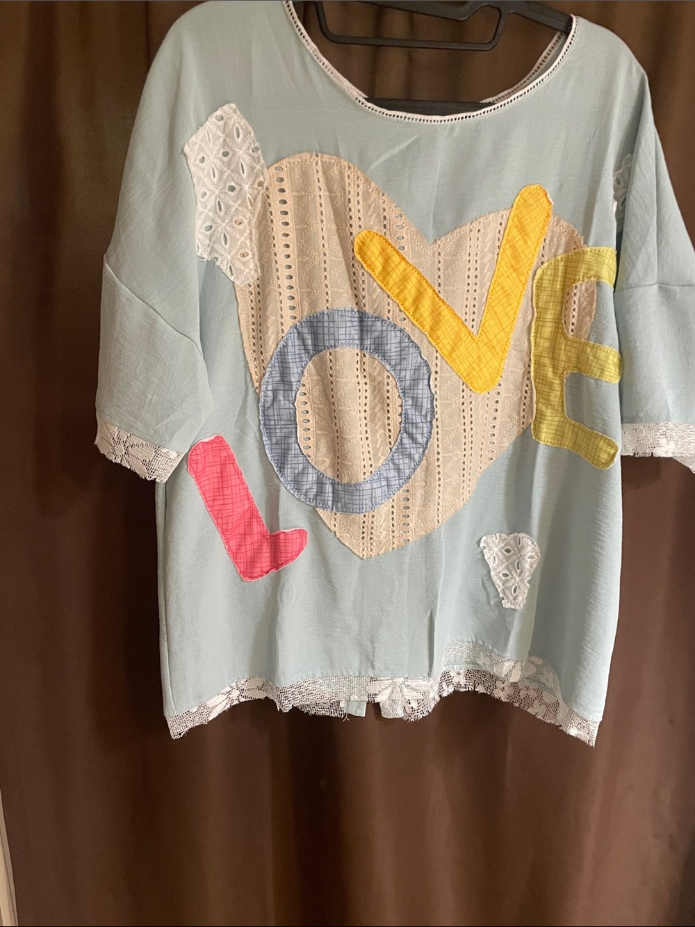 Women’s Light Blue LOVE Appliqué Short Sleeve Top